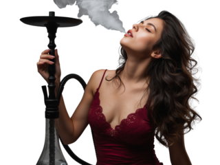 Sensual brunette enjoying a peaceful hookah session with billowing smoke on transparent isolated