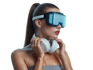 Futuristic woman embodying digital elegance with light-up eyewear in studio aesthetic