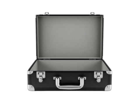 An open modern sleek black briefcase with polished silver accents on a transparent background
