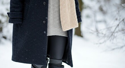 Winter Fashion: Cozy Layers in Snowy Forest, Close-Up Detail.