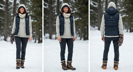 Winter Fashion: Woman in Stylish Down Vest, Hoodie, and Snow Boots in Snowy Forest