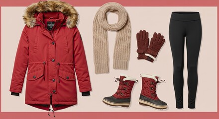 Winter Outfit Essentials: Red Parka, Scarf, Gloves, Boots, Leggings on Pink Background