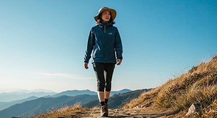 Woman Hiking on Mountain Trail with Distant Mountain Views and Clear Blue Sky