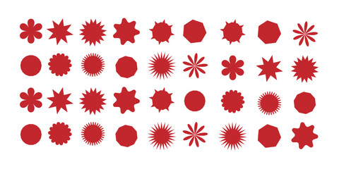Vector art illustration of seamless floral pattern of red paint splashes on a white background with colorful flowers. Graphic sticker icon. Flower, star, heart, geometric and organic shape figure. Red