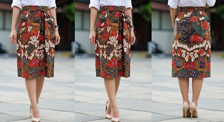 Woman in Batik Skirt and White Shirt, Fashionable Outfit, Elegant Style.