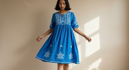 Woman in Blue Embroidered Dress, Studio Portrait, Neutral Background, Fashionable Style