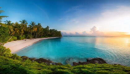 Fototapeta premium Tranquil Beach With Turquoise Water And Lush Greenery During Twilight In A Tropical Paradise