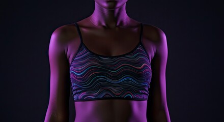 Woman in Striped Sports Bra with Dramatic Purple Lighting on Dark Background