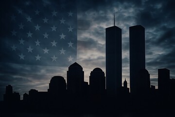 Twin towers silhouette against american flag and night sky