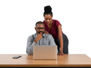 Focused african american team collaborating on a laptop, brainstorming ideas for innovative