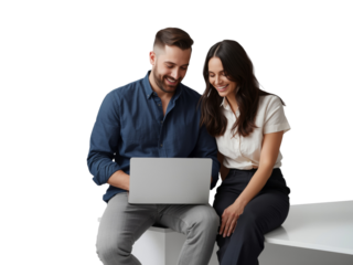 Isolated cheerful couple collaborating on a laptop against a transparent backdrop demonstrating