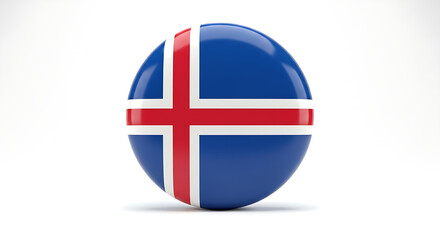 A highly-reflective, three-dimensional icon of the Icelandic flag, standing on a glossy white surface.