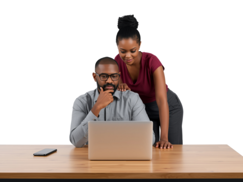 Focused african american team collaborating on a laptop, brainstorming ideas for innovative