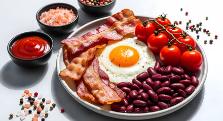 Hearty english breakfast with fried egg crispy bacon baked beans cherry tomatoes and ketchup on a white plate