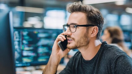 Young Professional Man Talking on Smartphone in Modern Tech Office - Powered by Adobe