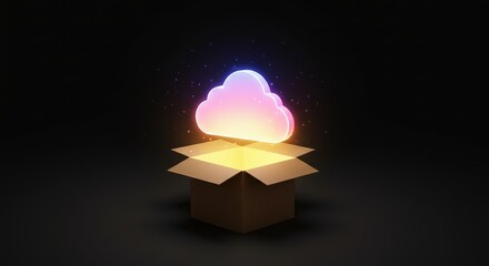 A colorful cloud, emanating light and surrounded by particles, emerges from within cardboard box against dark background. Cloud service concept.