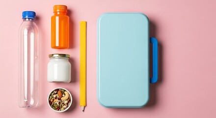 Flat lay composition of food and hydration essentials on a vibrant pink surface including a water bottle lunchbox and various containers