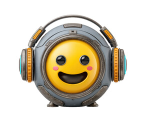 Cute smiling robot emoji character with headphone listening to music. This joyful AI assistant mascot has futuristic design and adorable cartoon technology look