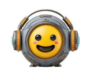 Cute smiling robot emoji character with headphone listening to music. This joyful AI assistant mascot has futuristic design and adorable cartoon technology look
