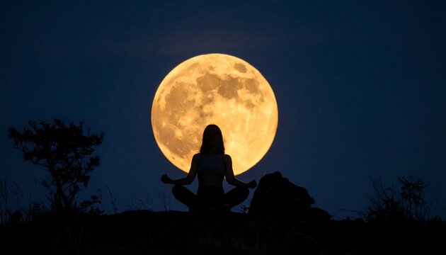 Silhouette of a person meditating on a hill at night under a full moon