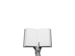 Conceptual monochrome image of a hand holding an open book, poised for new ideas and stories with