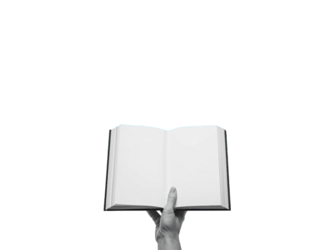 Conceptual monochrome image of a hand holding an open book, poised for new ideas and stories with