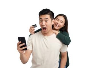 Excited couple celebrating online purchase with credit card on transparent backdrop