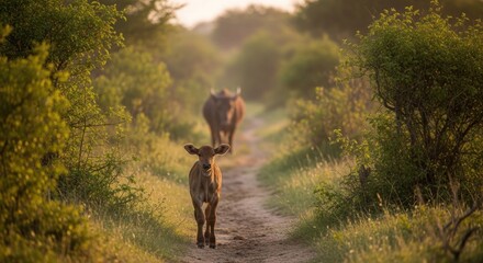 A calf strolls down a grassy path, with two others in the background, bathed in the golden light of dawn.