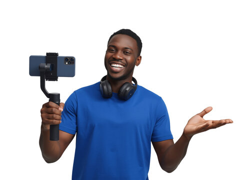 Enthusiastic content creator showcasing mobile device on stabilizer for engaging digital