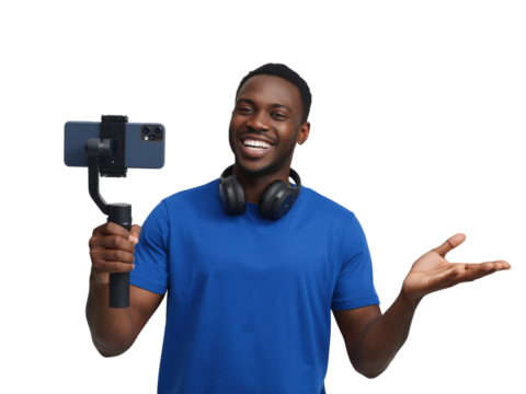 Enthusiastic content creator showcasing mobile device on stabilizer for engaging digital