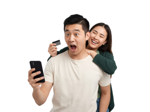 Excited couple celebrating online purchase with credit card on transparent backdrop