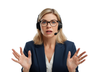 Surprised female customer service agent with headset gesturing on transparent setting