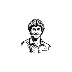 Elegant monochrome portrait displaying a smiling curly-haired individual in refined attire with