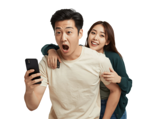 Enthusiastic couple reacts to something amazing on a smartphone with transparent background
