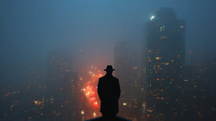 Fototapeta premium Man in coat and hat overlooking foggy city skyline at night time.