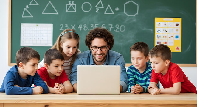 Engaged elementary school teacher guides diverse young students learning on a laptop in a classroom with a chalkboard