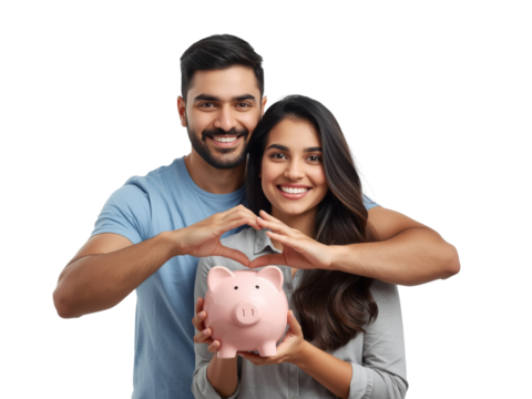 Cheerful couple protect their financial future with love and a piggy bank on transparent background