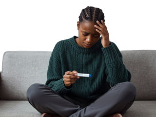 Isolated young woman gazes anxiously at pregnancy test result on an isolated backdrop