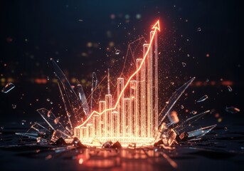 Growing chart with arrow breaking through glass, symbolizing success