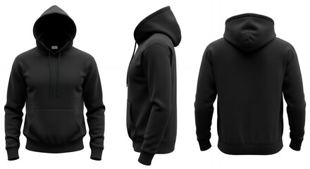 Blank Black Hoodie Mockup, Front, Side, and Back Views