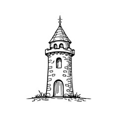 Elegantly sketched medieval tower with pointed roof offering architectural and historical