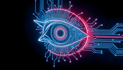 An abstract visualization of an artificial intelligence eye, symbolizing future technology and digital surveillance
