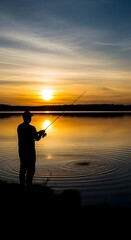Fototapeta premium Silhouette of a fisherman at sunset by a lake.