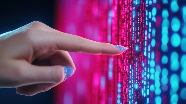 Hand Touching Digital Data Stream with Colorful Binary Code - Powered by Adobe