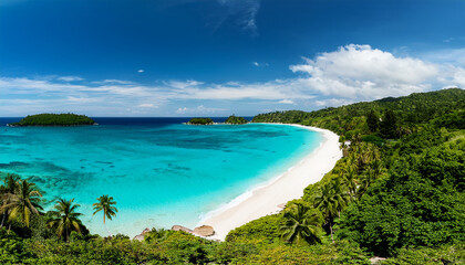 Breathtaking Tropical Island Beach with Turquoise Waters and Verdant Hills ocean