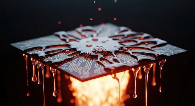 Artificial intelligence chip covered in liquid represents technological vulnerabilities risks