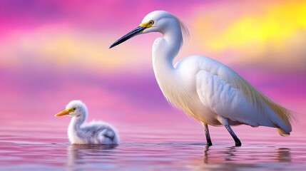 Naklejka premium Majestic White Bird Stands Next to Fluffy Chick in Vibrant Sunset