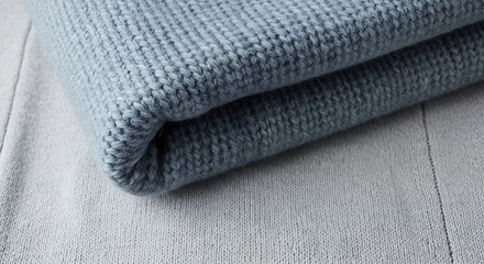 Folded blue waffle weave blanket on a white wooden surface.