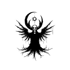 Ethereal reaper figure shrouded in mystery, with a horned moon overhead, embodying gothic