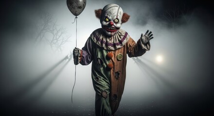 Sinister clown figure lurking in dense fog with a bleak balloon in a surreal scene
